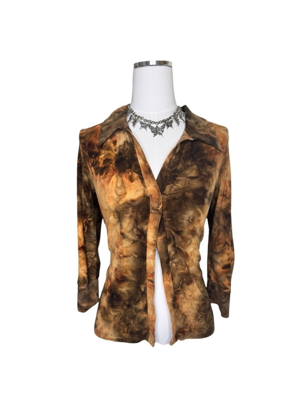 Y2K Forever 21 Orange + Brown Tie-Dye Collar Split Front Blouse Top Size Medium